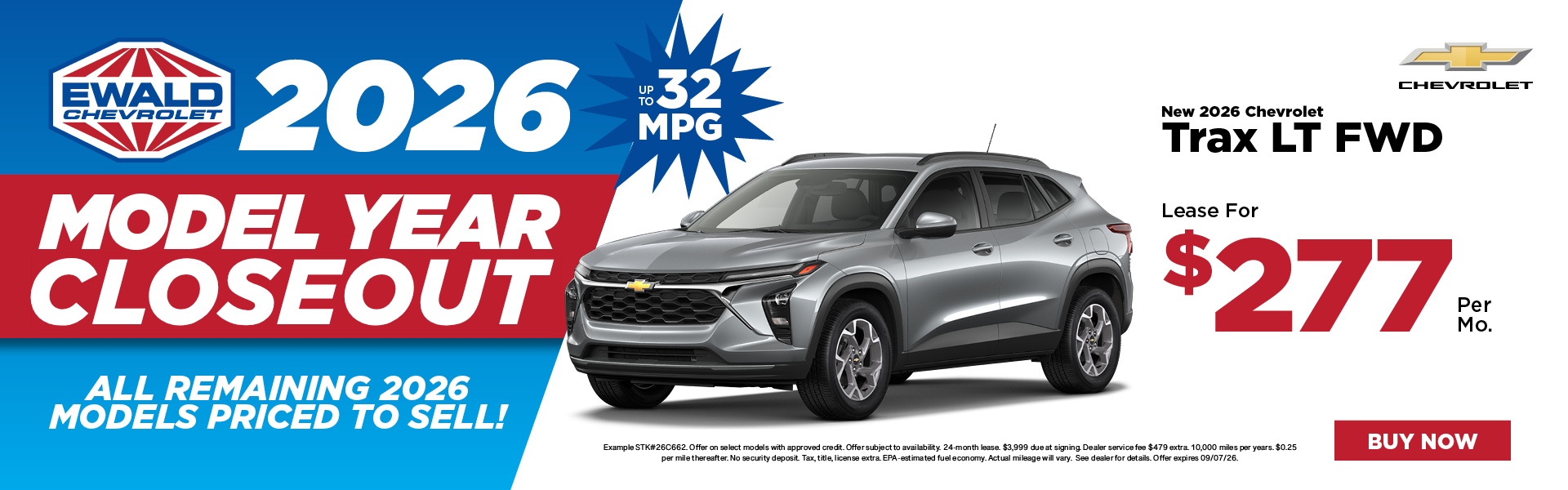 2026 Chevy Trax LT Lease for $277