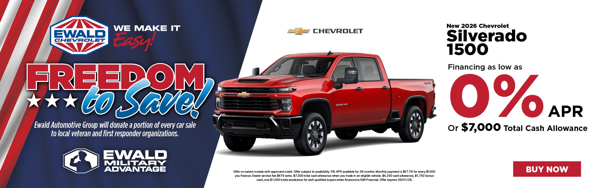 2026 Chevrolet Silverado 1500 0% APR or $7,000 Total Cash 